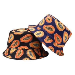 Bucket Hats Wide Brim 2023 New Tropical Fruit Papaya Pattern Bucket Hats Men Double Side Basin Caps Male Sunscreen Fisherman Hat Panama HKD230810