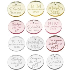 Other Event Party Supplies 205060100pcs Personalized Engraved Mirror Gift Tags Wedding Name Tags Acrylic Cupcake Toppers Circle Cake Charms Baby Shower 230809