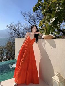 Casual Dresses 2023 Summer French Vintage Women Orange Elegent Korean Birthday Party Slip Long Dress Female Sexy Backless Evening Trend