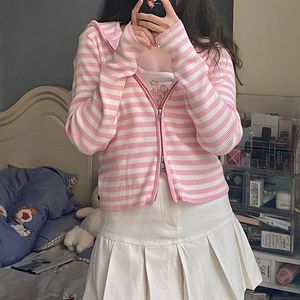 Women's Knits Tees Pink Cardigan Autumn Winter 2023 Stretchy Striped Knitted Tops Zipper Hooded Sweaters Harajuku Kawaii Clothes 230810