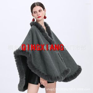 Scarves 2023 Winter Oversize Women Big Thick Cloak Faux Fur European Cardigan Warm Houndstooth Poncho Loose Cape Knitted Coat