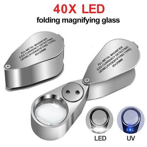 Diğer optik aletler 40x katlanabilir büyüteç metal mücevher loupe büyüteç büyütme cam taşınabilir el gözü büyüteç LAM lambası UV ışık lamba büyüteç 230809