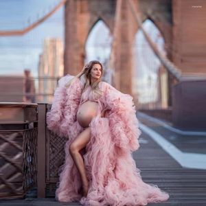 Casual Dresses Chic Pink Puffy Tulle Maternity Robes långa ärmar Sexiga rena klänningar plus storlek skräddarsydd po -shoot