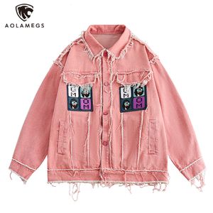 Mens Jackets Hip Hop Tearing Raw Edge Colorblock Patchwork Pink Denim for Men Y2K Single Breasted Lapel Washed Jeans Jacket Oversized 230810