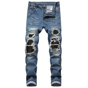 High Street rasgou a abundância preta Slim Fit Jeans de couro masculino Men's Troushers Designer Jeans Mens calças de jeans de moda de moda vender