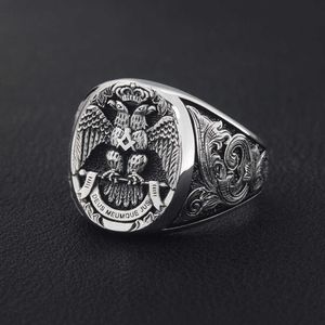 Band Rings Masonic Scottish Rite 33 graders dubbelhuvud Eagle Phoenix hand graverad sterling silverring