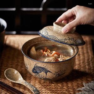Ciotole Ciotola di Ramen istantaneo giapponese con coperchio Retro Ceramica Grande capacità Zuppa di insalata di noodle Cucina domestica Forniture per la tavola