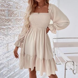 Casual Dresses Outfits Party Plus Size High Waist Skirt Flounce Square Collar Long Sleeve Solid Temperament Dress In
