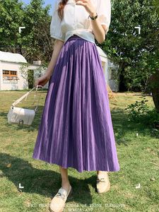 Kjolar tigena hög midja veckad för kvinnor 2023 vår sommarkoreanska eleganta solida all-match vikar en linje midi lång kjol kvinnlig