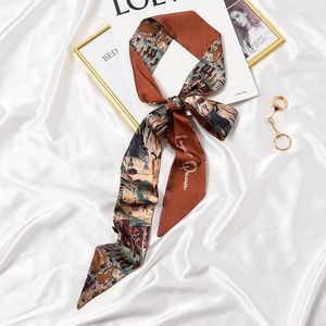 Шарфы ретро французские волосы лук шелк шарф шарф для женской повязки, галстук, галстук с турбанским длинным стримером четыре сезона клетчатые буквы печати