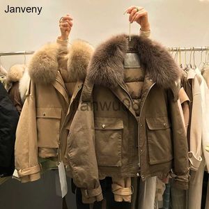 Kadın Ceketleri Janveny Real Fox Fur Kadınlar Down Ceket 2023 Kısa Gevşek 90 Beyaz Ördek Down Moda Moda Kadın Büyük Cep Kirpi Kar Dışları J230810