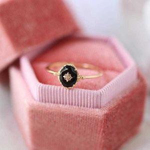 Bandringar 925 Sterling Silver 14K Gold Plated 2022 New Black Agate Zircon Round Ring Geometric Fashion Luxury Jewelry Rings for Women