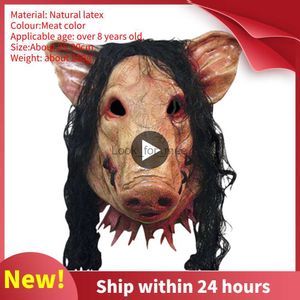 Cadılar Bayramı Korkunç Maskeler Saç Maskeleri ile Yenilik Pig Kafası Korku Cosplay Kostüm Gerçekçi Lateks Festival Malzemeleri Maske HKD230810