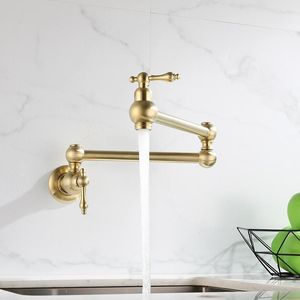 Kitchen Faucets Tuqiu Pot Filler Tap Wall Mounted Foldable Brushed Gold Faucet Single Cold Sink Rotate Folding Spout Chrome Brass