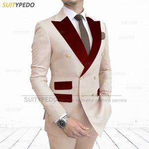 Men's Suits Blazers Fashion Mens Suit Set Outfit Elegant Burgundy Velvet Lapel Jacket Formal Business Men Blazer Pants 2Pcs Wedding Groom Costume 230809