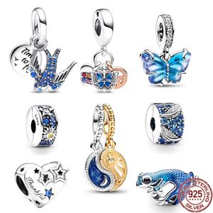 Alla moda nuovo argento sterling 925 metallo geco blu vetro di Murano farfalla gancio fascino perline adatto per braccialetti Pandora originali gioielli spedizione gratuita
