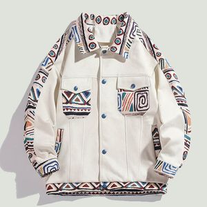 Erkek ceketler hip hop büyük boy varsity erkekler harajuku bohemian benzersiz desen basılı patchwork çokluklar yaka sıradan paltolar unisex 230810