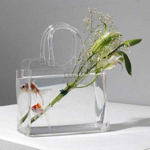 Transparent Vase Acrylic Creative Handbag Bag Glass Vase Large Diameter Fish Tank Decoration Flower Arrangement Flower Pots HKD230810