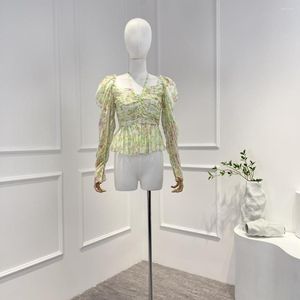 Kadın bluzları En Kalite 2023 Son İpek Katı Yeşil Çiçek Dürtüli Çizme Korse Peplum Kem Bluz Kadın Tatlı Stil Tops