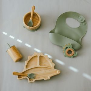 Cups Dishes Utensils 7pcs Bamboo Wood Dinosaur Dinner Plate Feeding Supplies Children Tableware Suction Bowl BPA Free Baby born Accessories 230810