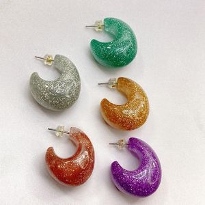 Brincos de pinos coloridos com brilho para mulheres Design vintage geométrico Forma C Candy Color Lantejoulas Resina Huggies Joias