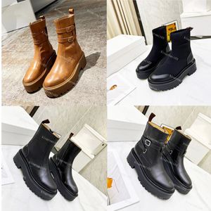 Designer LYRA Cow Leather Buckle Short Count BULKY TRIOMBE Boot Women Shoes Studded Outsole Lustrous Cow Leather Lace up Black Boots With Box