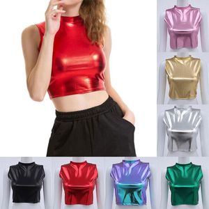 Kvinnors tankar röda guld glänsande metalliska tank tops väst sexig smal sköld