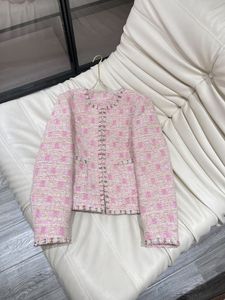 2023 Autumn Pink Contrast Color Contrast Trim Tweed Jacket Lång ärm Runda hals dubbla fickor Klassiska jackor kappa korta outwear A3G096558