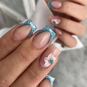 False Nails 24Pcs Blue Sequins French Fake Mid-length Ballet With Flower Diamond Design Wearable Square Press On