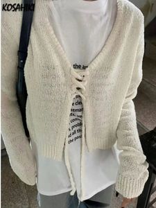 Women's Knits Tees 2023 Spring Solid Hollow Out Knitted Cardigan Korean Fashion Loose All Match Cropped Bandage Y2k Harajuku Top 230810