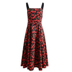 Europeiska och amerikanska kvinnokläder 2023 Autumn New Suspenders Sleeveless Cherry Print Fashion Pleated Dress XXL