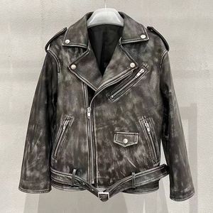 Womens Leather Faux Lady Jacket Real Sheepskin Ejressed Women Moto Biker Coat Vintage QG5481 230809