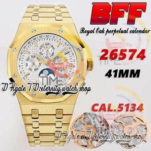 BFF BF26574 Karmaşık Fonksiyon Cal.5134 A5134 Otomatik Erkekler İzle 41mm Ay Faz Beyaz Dokulu Kadran Sopa İşaretleri Altın Paslanmaz Bilezik Sonsuzluk Saatler