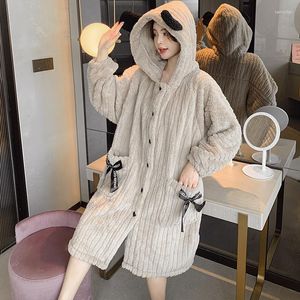 Women's Sleepwear Flannel Women Long Kimono Robe Sweet Hooded Lady Nightgown Bow Pocket Sexy Sleepshirt Skirt Winter Loose Home Dressing