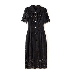 2023 Summer Black Solid Color Lace Dress Short Sleeve Lapel Neck Buttons Knee-Length Casual Dresses W3Q014312