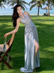 Casual Dresses Women Blue Halter Bandage Birthday Party Split Dress Pleated Sleeveless Fairy Slip Long Backless Clothing Trend