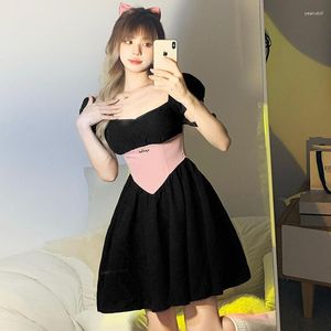 Casual Dresses Girl Dress Sweet Sexy Retro Temperament French Square Neck Patchwork Stitching Female Chic Slim Waist Open Back All-match