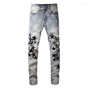 Men's Jeans Men Leather Stars Streetwear Vintage Blue High Stretch Denim Pants Patches Skinny Tapered Trousers