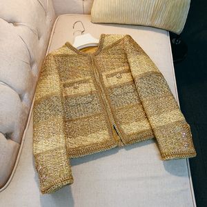2023 Autumn Yellow Contrast Color Contrast Trim Tweed Jacket Long Sleeve Round Neck Gold Weave Double Pockets Classic Jackets Coat Short Outwear A3G096578