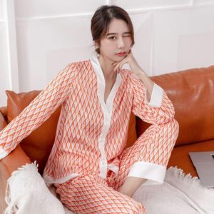 Women's Sleepwear Satin Lingerie With Buttons Long Sleeve Casual Loose Home Clothes Print V-Neck Pajamas Women Two-Pieces Set Nightwear