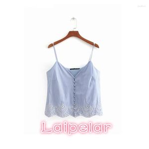 Frauen Tanks Sommer Crop Top Frauen Hemd Taste Blau Weiß Gestreiften Tunika Sexy Spitze Häkeln Koreanische Streetwear Laipelar