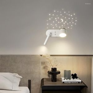 Luminária de parede LED moderna para quarto de criança com desenhos animados, fundo criativo, decoração estrela, quarto, cabeceira, holofote giratório