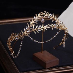 Wedding Hair Jewelry Gold Color Leaf Crown Women Prom Hairband Bridal Forehead Tiara Bride Piece Accessories 230809