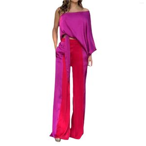 Women's Two Piece Pants Cocktail Sexy Ladies Suit Solid Colored Satin Fashion Chic Casual Temperament Off Shoulder High Waist Set