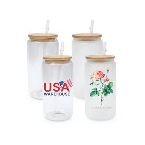 CA/USA Warehouse 16oz Sublimation Glass Beer Mugs with Bamboo Lid Straw DIY Blanks Frosted Clear Can Shaped Tumblers Cups Heat Transfer Cocktail