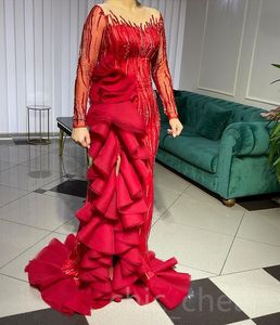 August Aso ebi Red Mermaid Prom Dress Sequined Lace Aseval Party Second Artept Birthday Condress Dresses Robe de Soiree Zj785 407