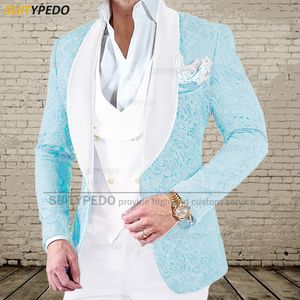 Erkekler Suits Blazers Sky Mavi Moda Erkekler Takımlar Jacquard Dokunma Blazer Düğün Lüks Tailormade Ceket Yelek Pantolon 3 Parça Zarif Erkek Smokin 230809