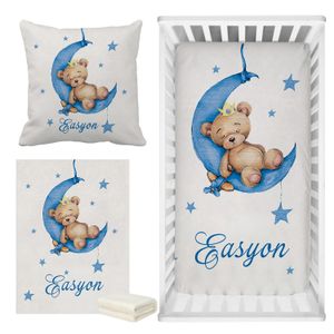 Bedding sets LVYZIHO Custom Name Sleeping Bear Blue Crib Bedding Set Sleeping Bear Sleep on Moon Bedding Set Baby Shower Gift 230809