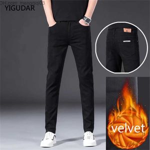 Men's Jeans 2022 Winter Men's Warm Fit Jeans Commercial Fashion Thick Denim Trousers Wool Elastic Brand Pants Black Blue Z230814