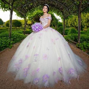 Ivory Shiny Sexy Off the Shoulder Ball Gown Quinceanera Dress For Girls Birthday Party Gowns Prom Dresses 3D Flowers Vestido De 15 Anos